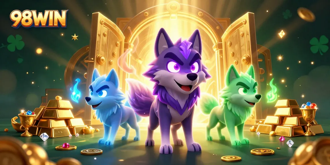 Experience thrilling wins with 98WIN, featuring vivid casino illustrations of ghostly wolves and dazzling treasures.