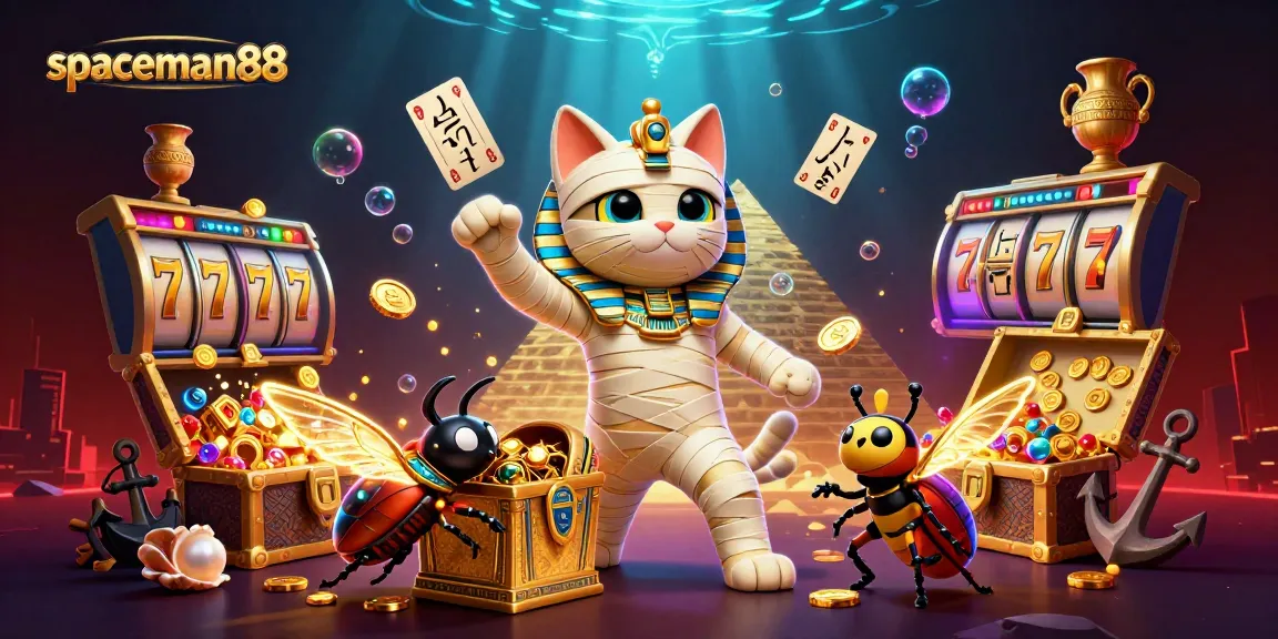 spaceman88 engages players with a vibrant 3D casino scene, featuring a mummy cat amid exploding treasure