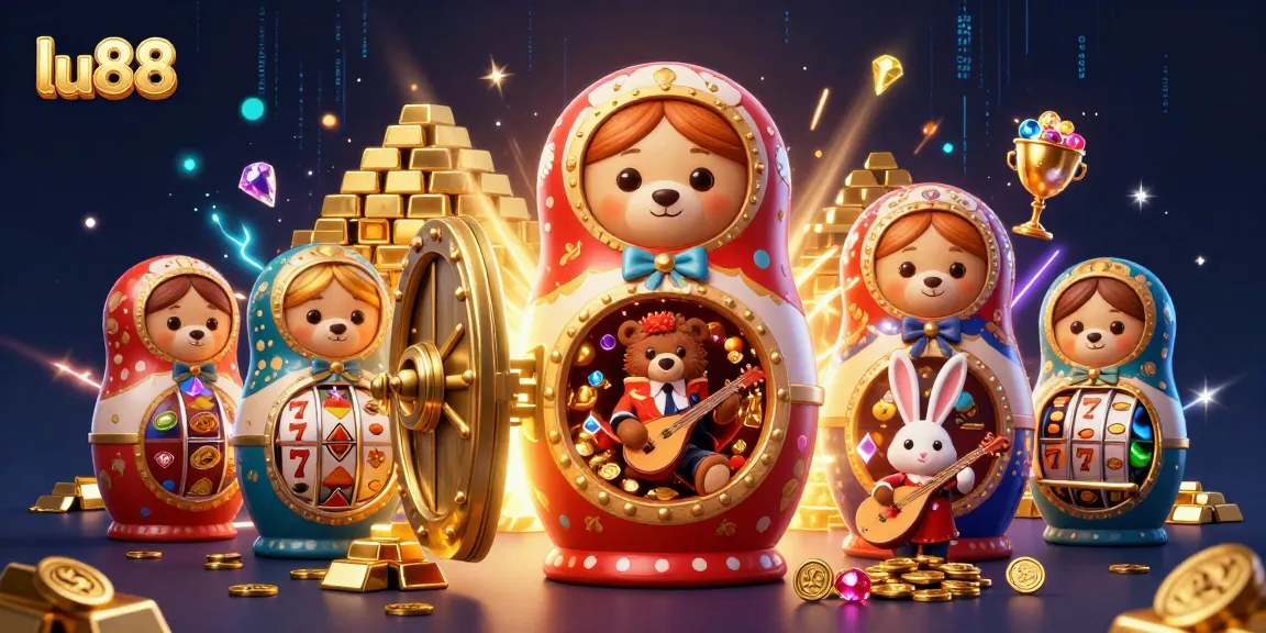 Experience the excitement of lu88 with vibrant casino imagery featuring Matryoshka bears and slot machines.