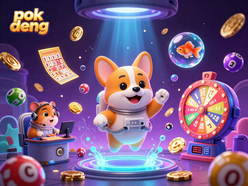 Engage in the thrilling atmosphere of pok deng with a cosmic scene featuring a playful astronaut corgi among dynamic casino elements.