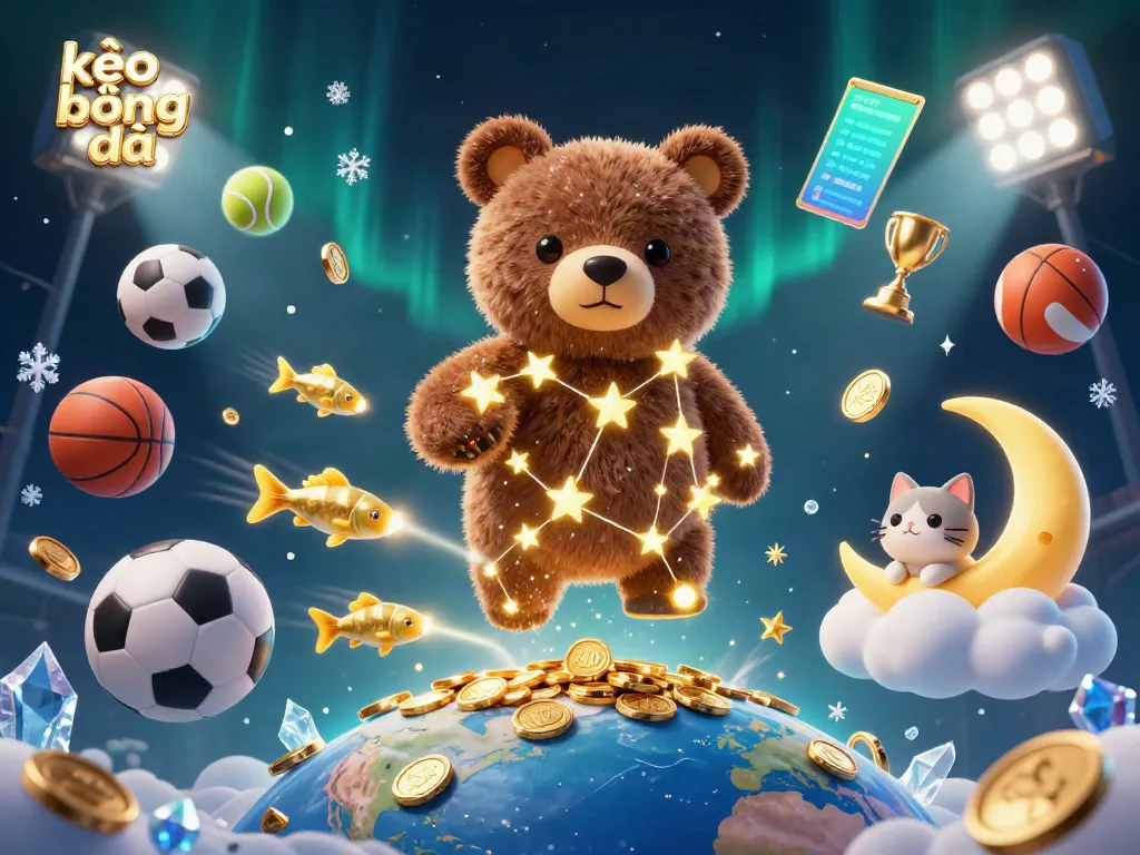 Engage in kèo bóng đá with a captivating 3D scene featuring sports balls and magical elements.