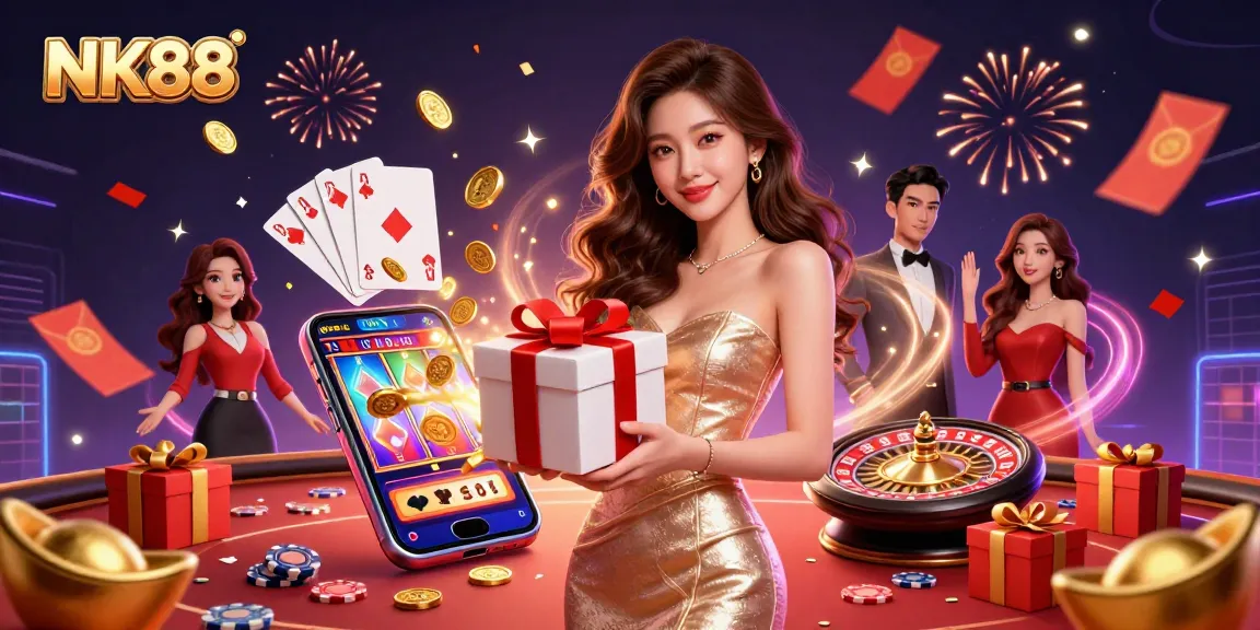 Experience thrilling wins at NK88 with golden coins and festive elements in a vibrant casino atmosphere.