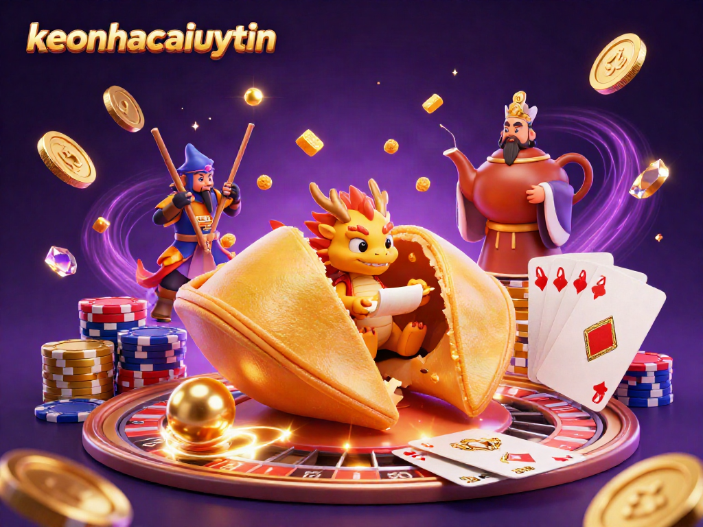 Cascade of golden coins and fortunes in the vibrant "keonhacaiuytinn" casino illustration