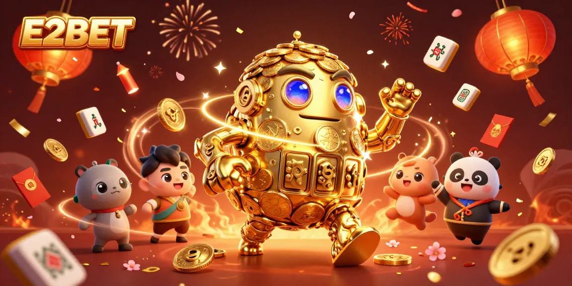 E2BET offers exhilarating casino experiences with a captivating 3D illustration showcasing golden golems and festive elements.
