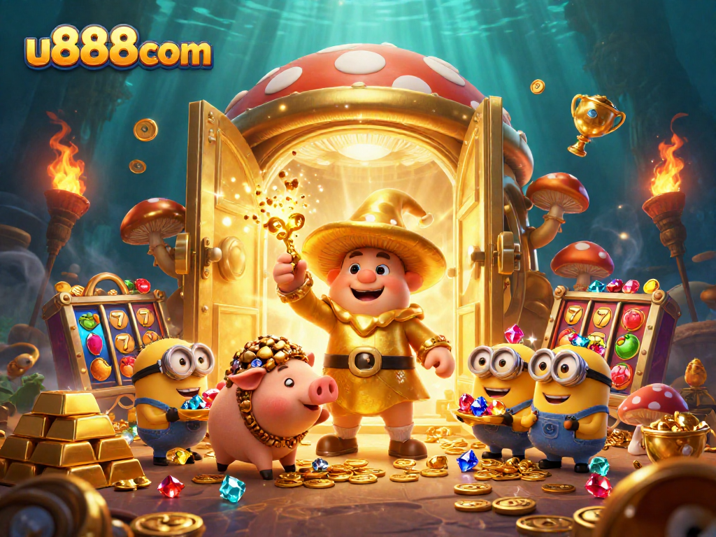 Experience the golden wonders of u888com with magical characters in a treasure-filled casino scene.