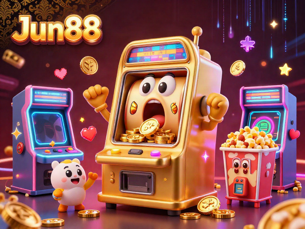 Experience big wins with Jun88's cartoon slot machine marvelously celebrating its jackpot.