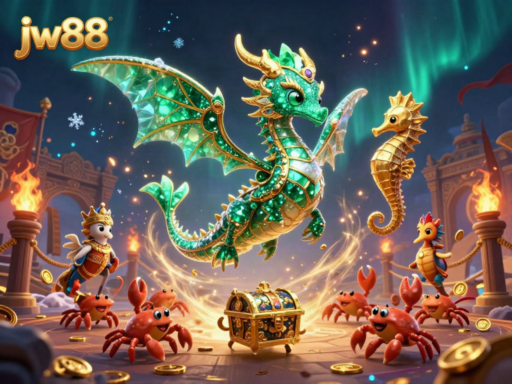 Experience thrilling wins at jw88 with a majestic sea dragon, guarded by seahorses, amidst a vibrant gambling scene.