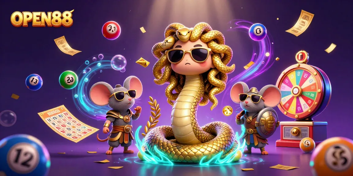 Experience the thrilling games at OPEN88, featuring lively lottery balls and engaging characters in a vibrant casino scene.