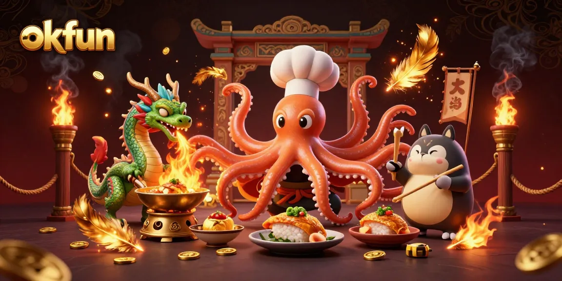 Experience thrilling gaming at okfun, where a dragon breathes fire amidst golden winnings and vibrant casino elements.