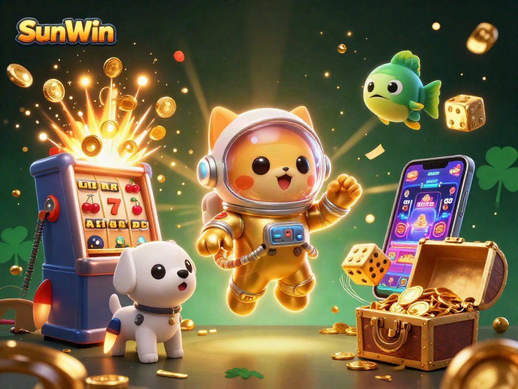 Experience the thrill of SunWin with a dynamic cartoon scene bursting with casino excitement and colorful visuals.