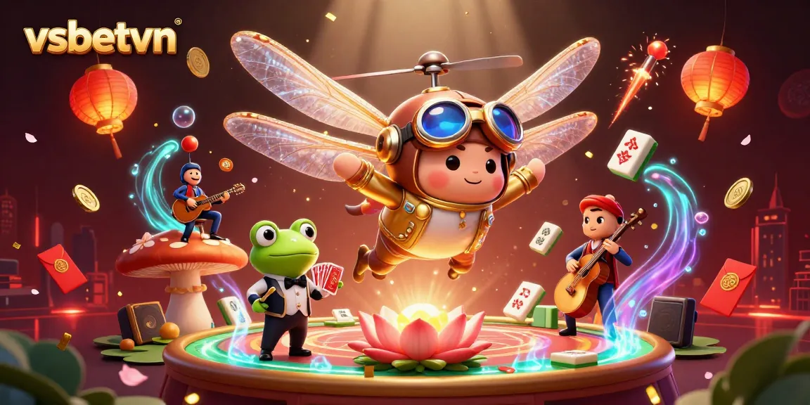 Engage with thrilling games at vsbetvn featuring a dynamic dragonfly pilot, frog croupier, and jazz musicians.