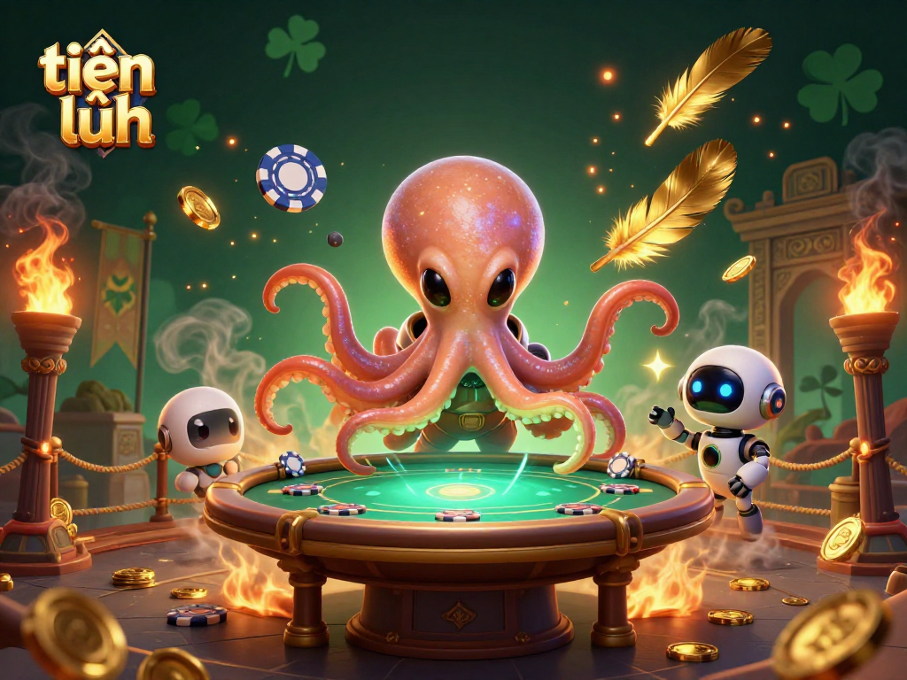 Engage with tiến lên card game battles at a holographic poker table surrounded by vibrant alien elements.