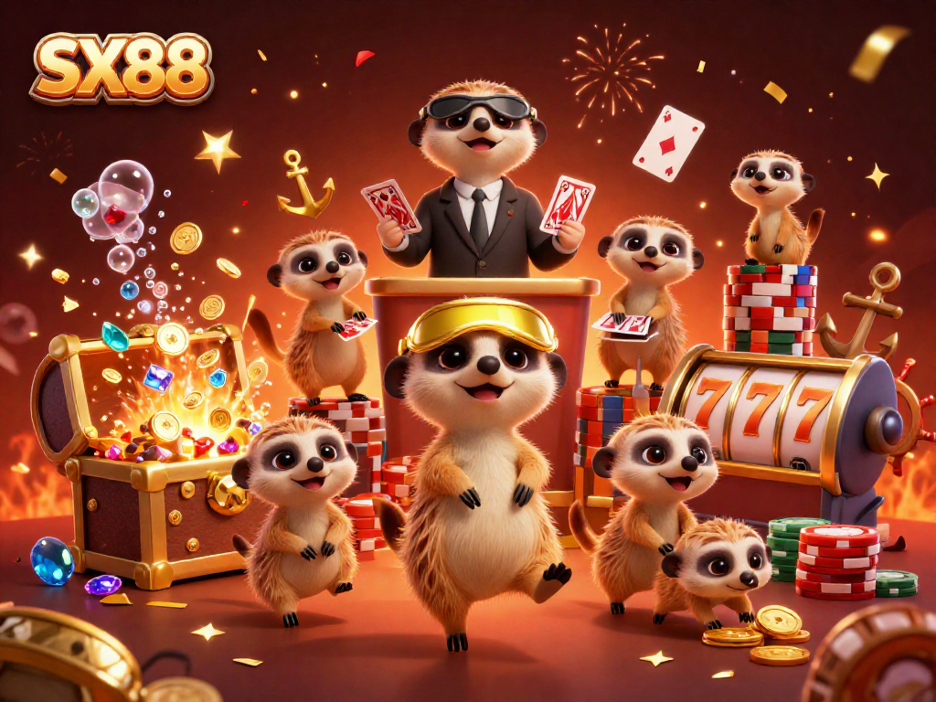 SX88 meerkats managing a vibrant casino scene, showcasing lively gambling action.