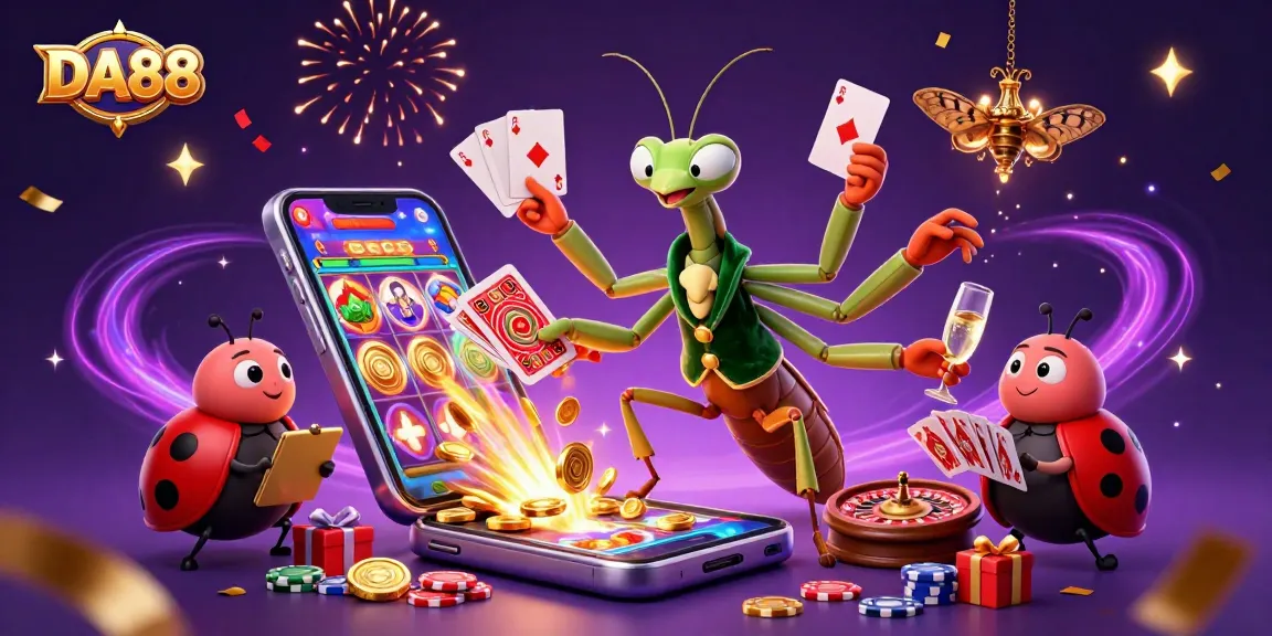 Experience the thrill with DA88's vibrant casino scene featuring colorful slot games and engaging characters.