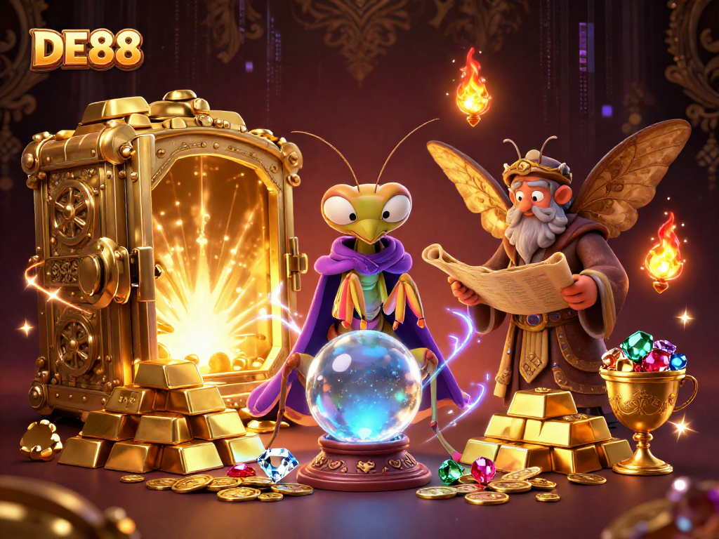 Engage with DE88 in a mystical 3D digital illustration showcasing fortune tellers and casino treasures.