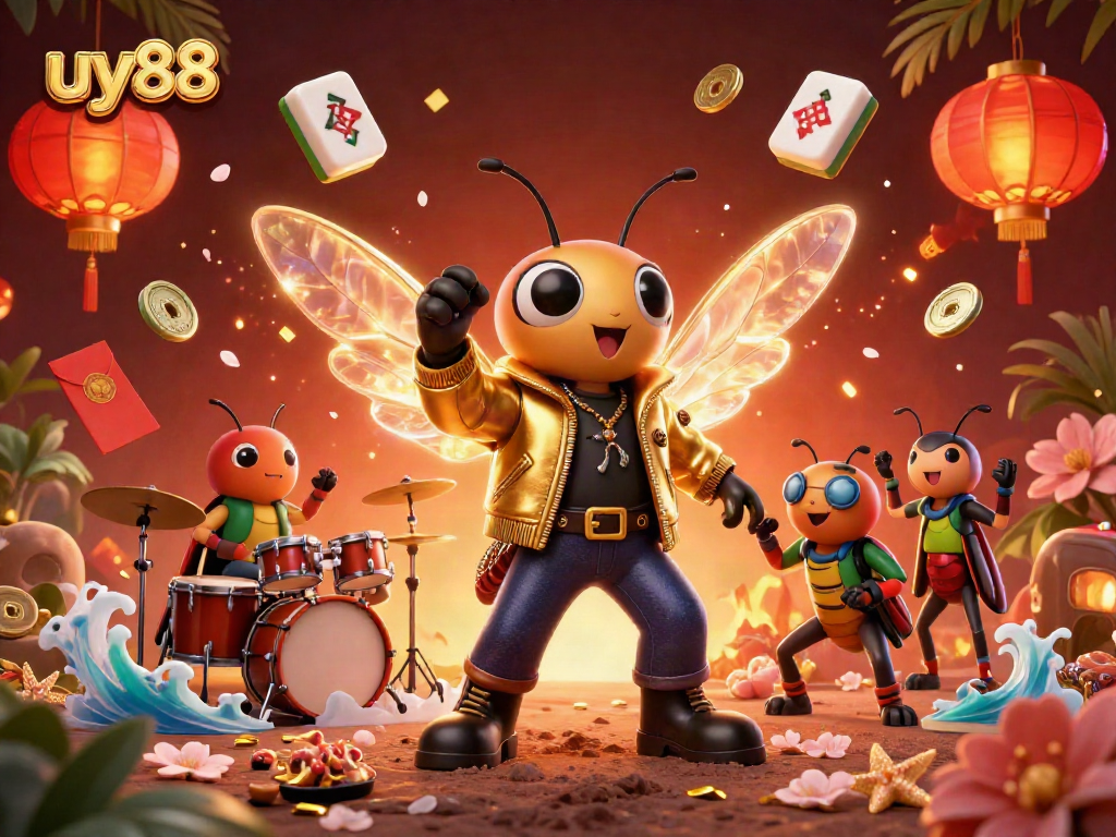 Experience excitement at uy88 with a lively casino scene featuring a cicada rock star and vibrant game elements.
