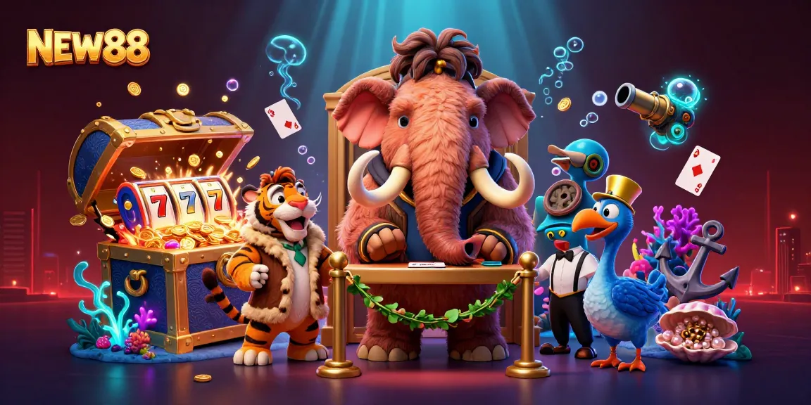 NEW88 invites players to experience a lively casino scene with vibrant characters and games.