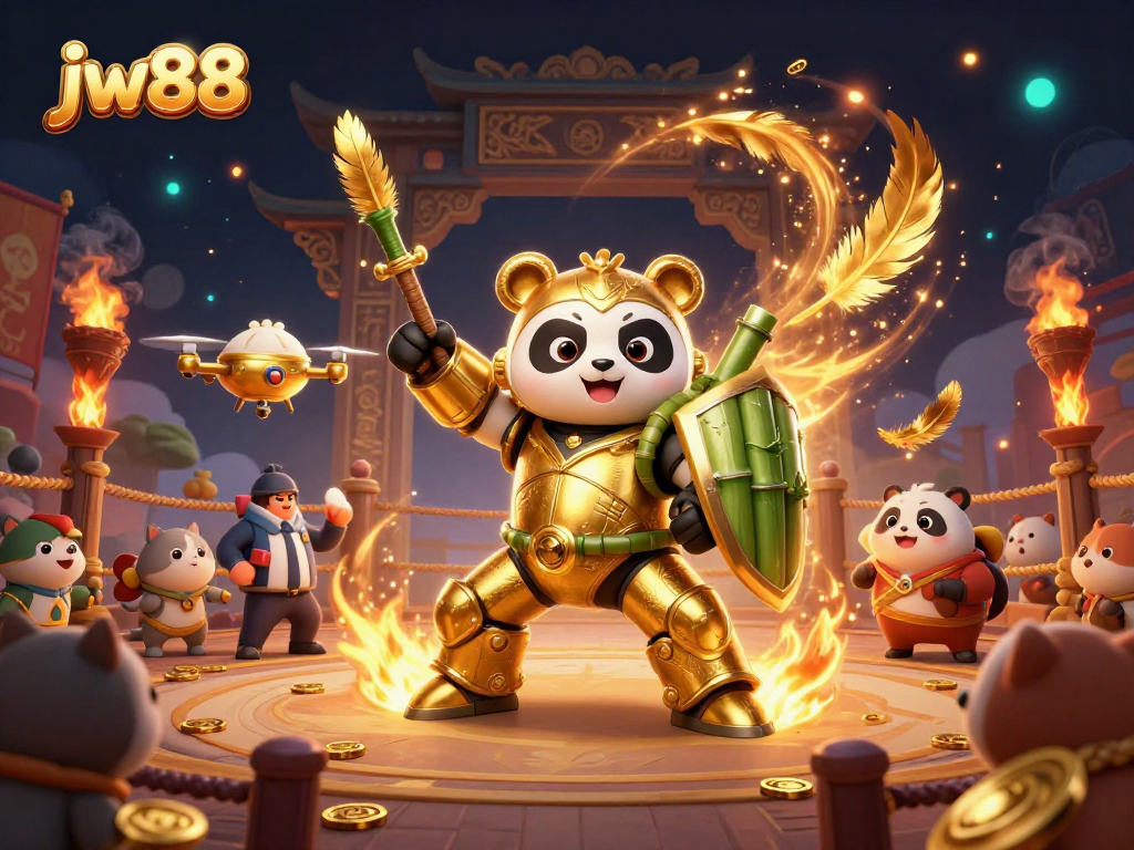 Experience thrilling gameplay at jw88 with golden panda piloting a robot in a vibrant, action-packed casino scene.