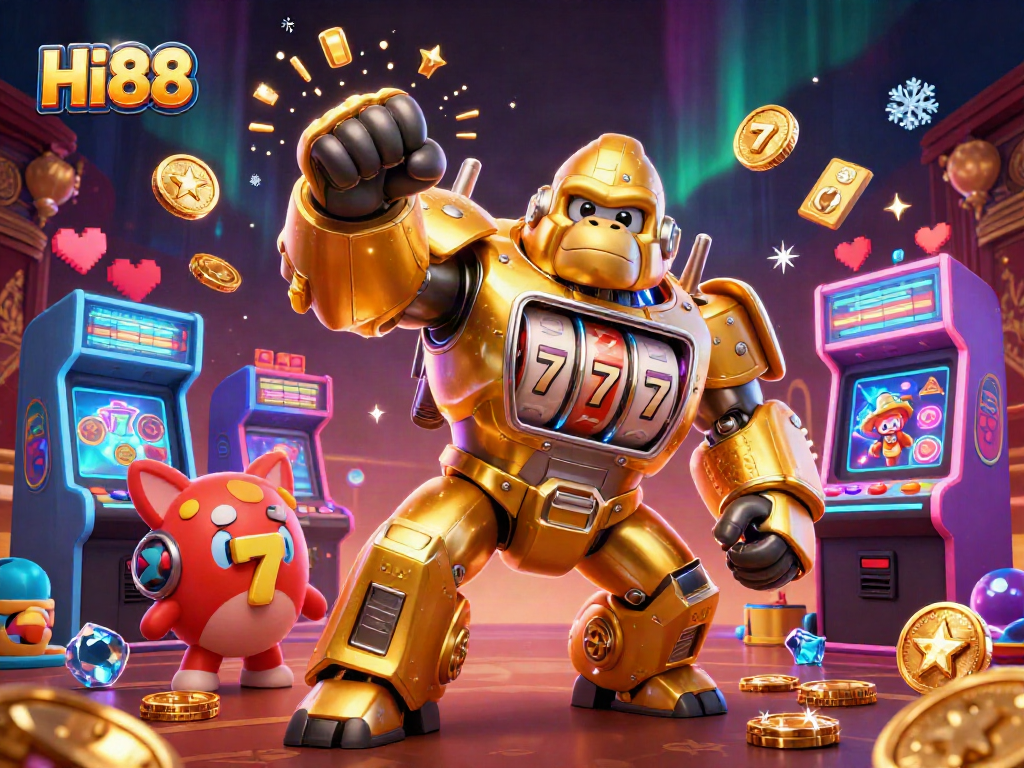 Experience Hi88 with thrilling gaming action featuring a golden gorilla mech and slot machine elements.