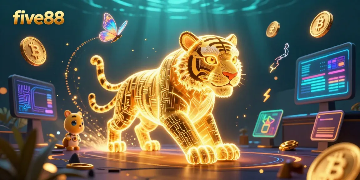Experience thrilling gaming action at five88 with a vibrant neon casino scene featuring exciting characters and crypto elements.