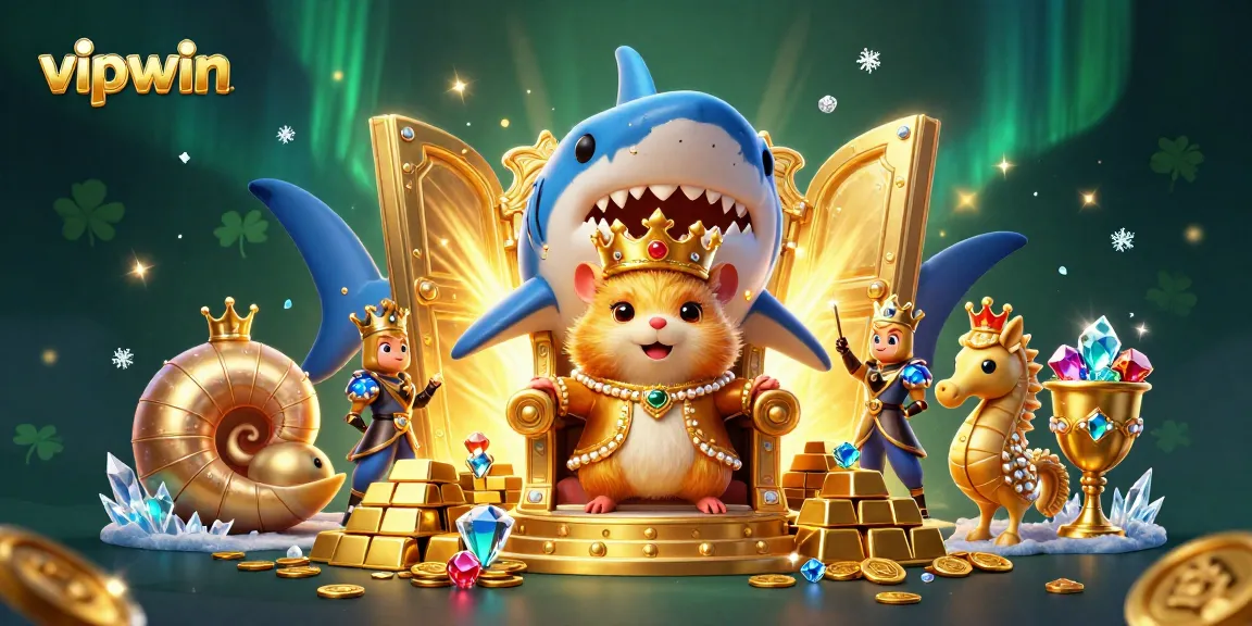 Experience thrilling gaming at vipwin with a 3D cartoon illustration of a golden hamster king in a treasure vault.