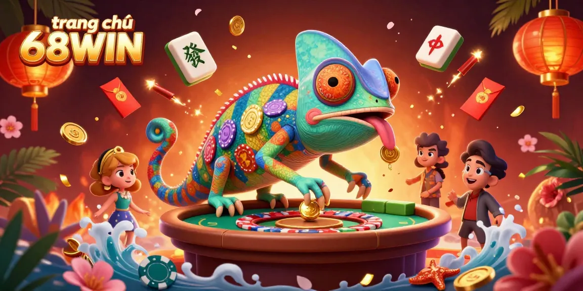 Experience the vibrant energy of trang chủ 68WIN with the chameleon casino owner and festive elements.