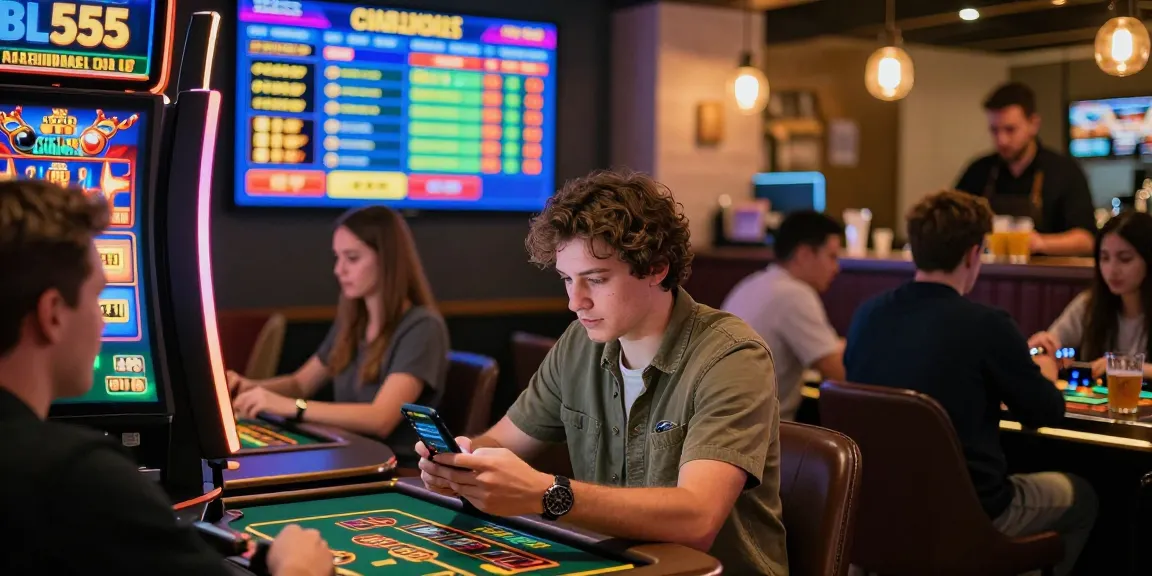 Exciting BL555 online gambling scene with bettors engaging in live betting and vibrant game displays.
