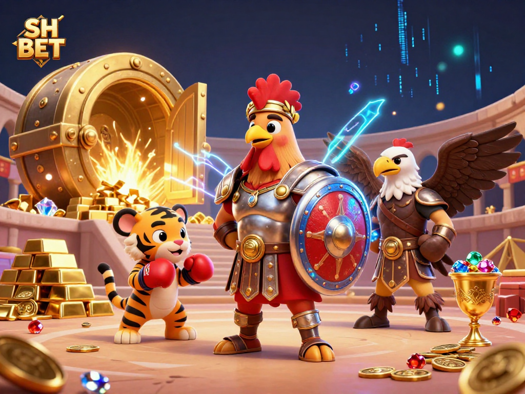 Experience the excitement of SH BET with a dazzling scene showcasing a gladiator rooster and treasures in a casino setting.