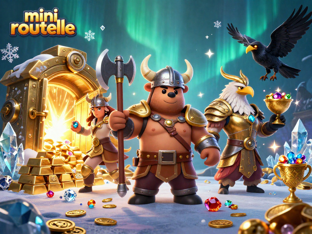 Play mini roulette with excitement among treasures and Viking warriors in a captivating casino scene.