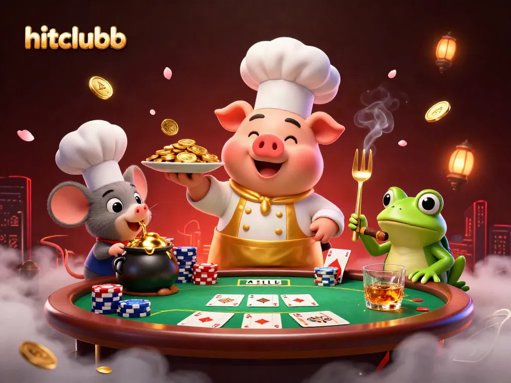 Experience excitement with hitclubb's vibrant casino scene, featuring a chef pig and critters amidst poker elements and coins.