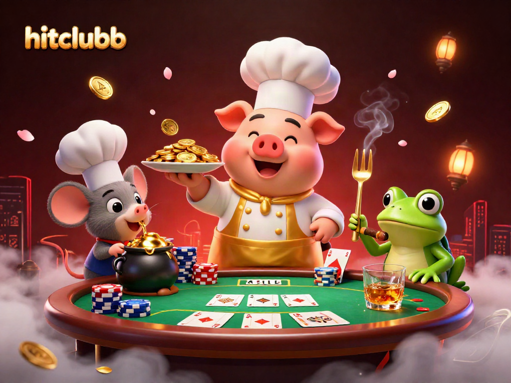 Experience excitement with hitclubb's vibrant casino scene, featuring a chef pig and critters amidst poker elements and coins.