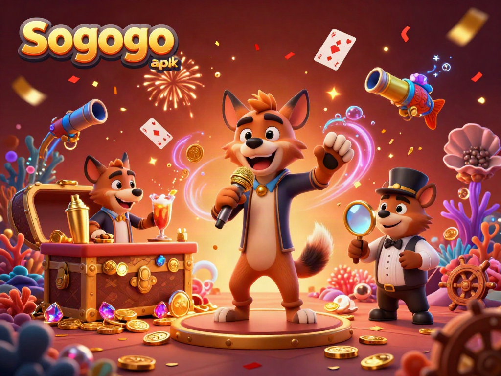 Sogogo apk showcases a thrilling comedy casino scene featuring hyenas in 3D illustration.