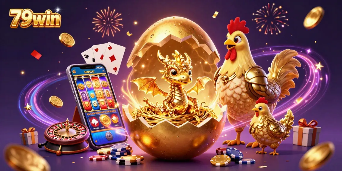 Experience thrilling moments at 79win with a vibrant 3D gaming illustration featuring golden elements.
