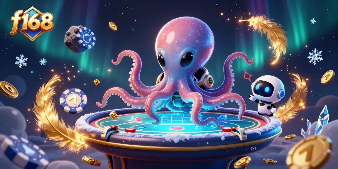 Experience thrilling poker action with f168's alien octopus and robot at a holographic table.