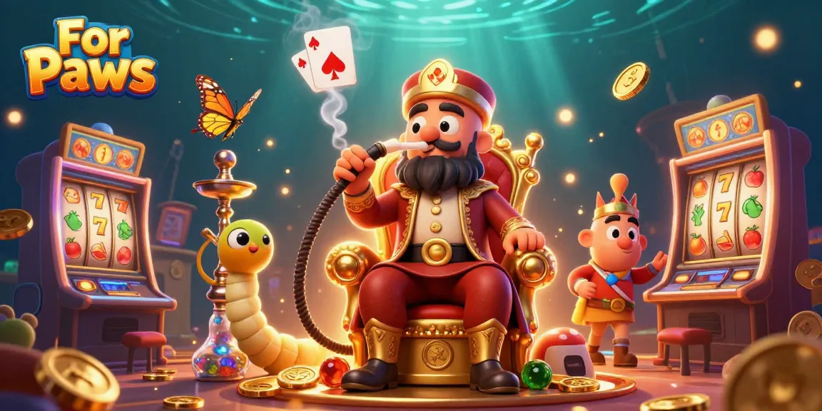 For Paws showcases an elaborate 3D casino scene with an enchanting caterpillar smoking poker symbols and vibrant slot elements.