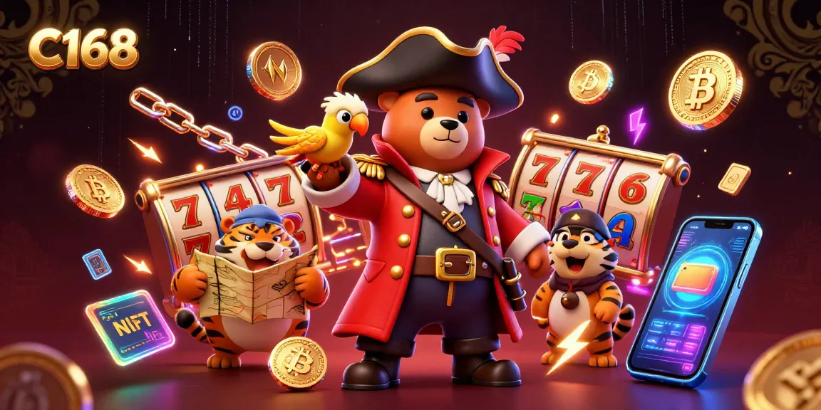 C168 captivates players with colorful slot machines and cryptocurrency coins in an engaging casino scene.