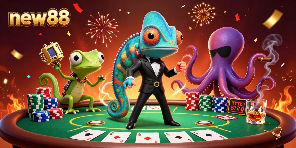 Join the thrilling action at new88 with a vibrant casino scene featuring dynamic characters and games.