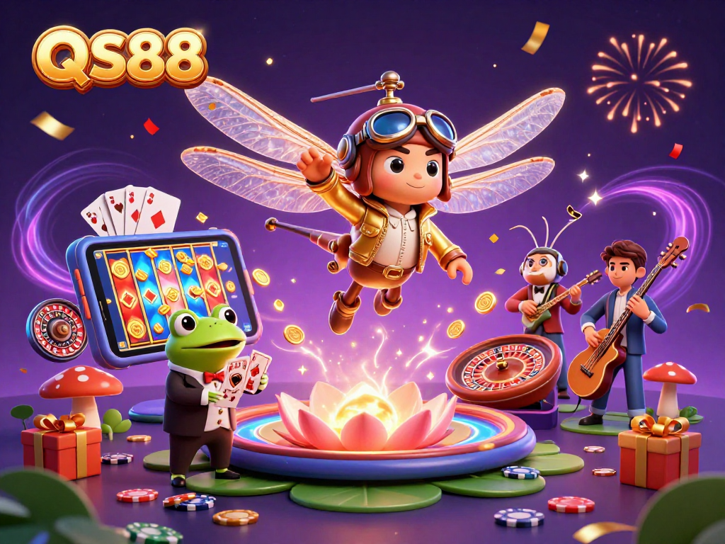 Experience thrilling gameplay at QS88 with an exciting illustration of a dragonfly pilot above a casino.
