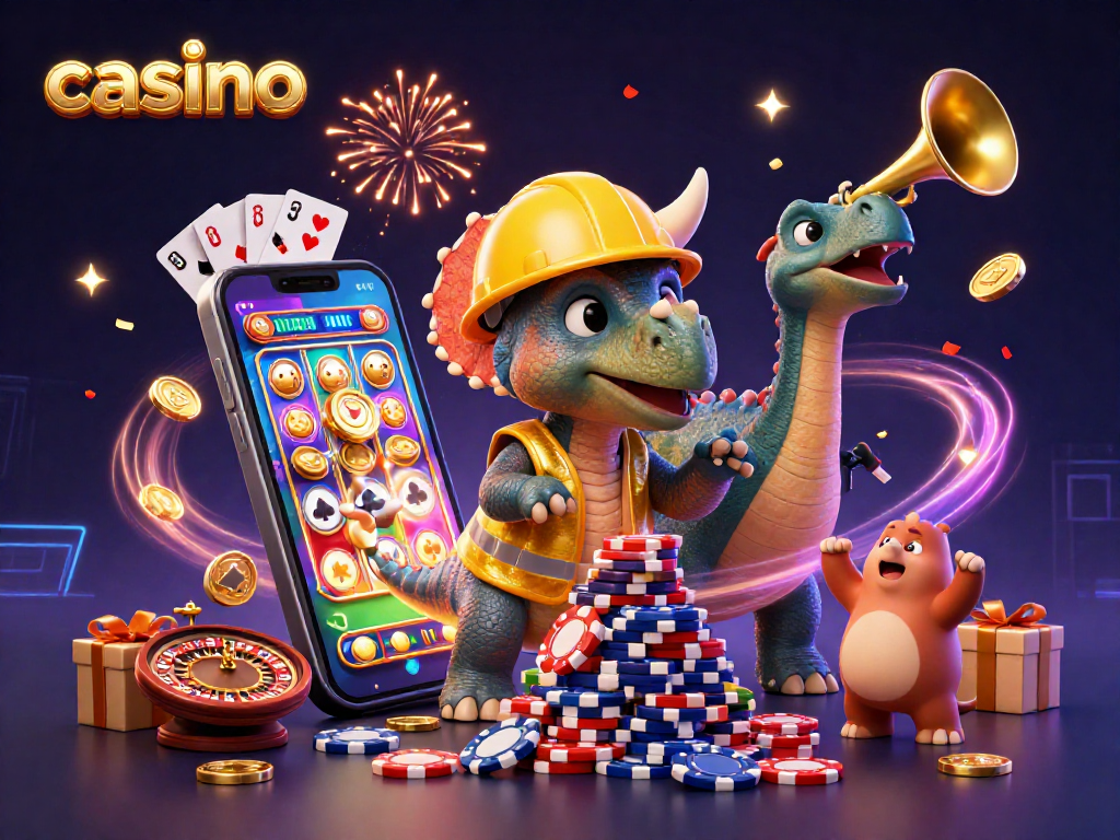 Casino triceratops builds a poker chip pyramid as a parasaurolophus celebrates with gaming elements.