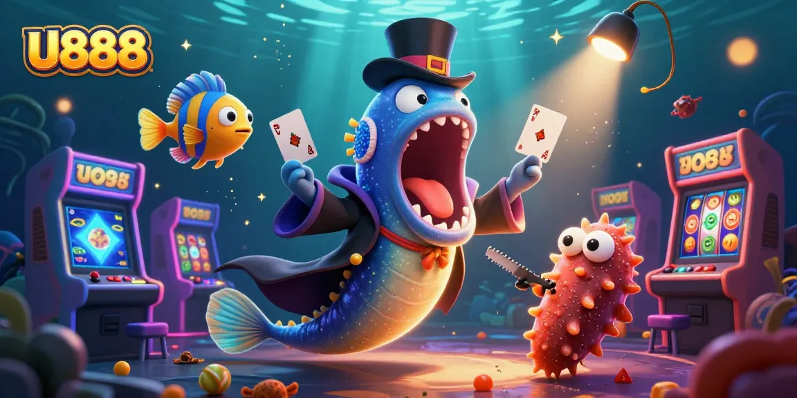 U888 enhances the casino experience with vibrant slot reels and engaging underwater characters.