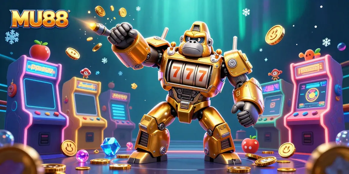 Experience thrilling gameplay with MU88 as dynamic casino elements surround a vibrant golden gorilla mech.