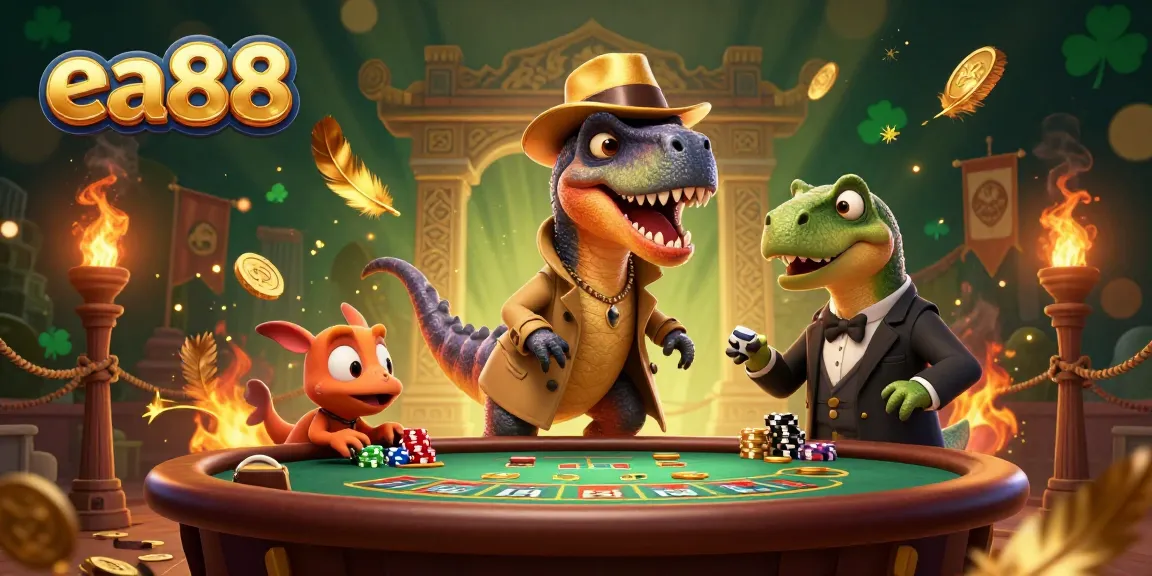 ea88 velociraptor card counter blends into a casino scene amidst gold tokens and atmospheric effects.