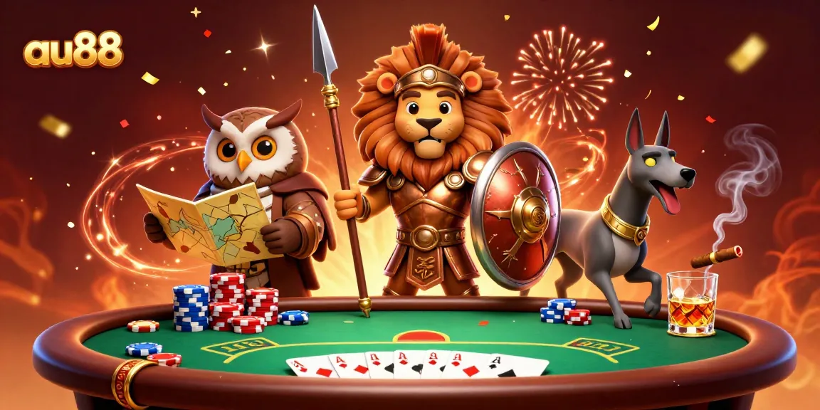 Experience thrilling gameplay at AU88 with a dynamic 3D illustration featuring a Spartan lion and tactical strategist.