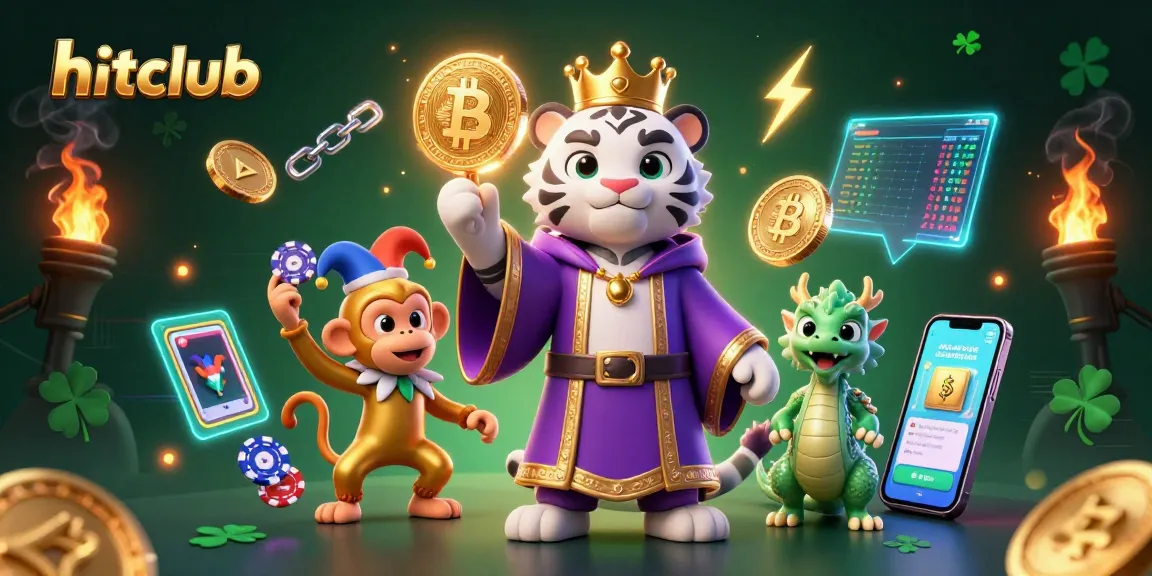 Engage with hitclub's exciting gaming experience with a tiger, monkey, and dragon illustration.