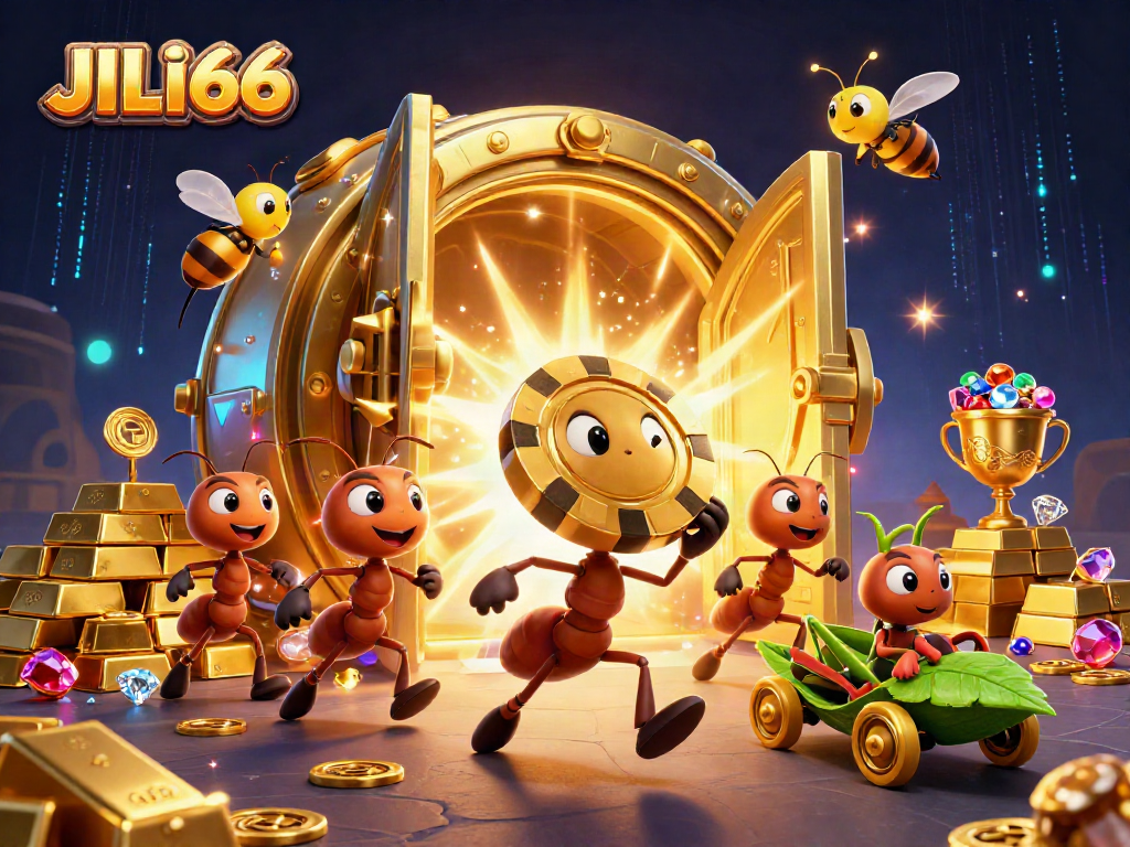 Ants carrying a giant poker chip as part of the JILI66 casino heist scene, surrounded by golden treasures.