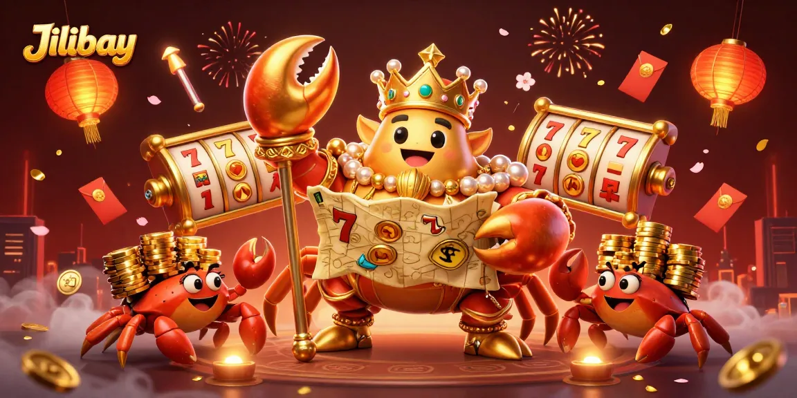 Experience the excitement of Jilibay with a vibrant 3D illustration showcasing a golden crab emperor and dynamic casino elements.