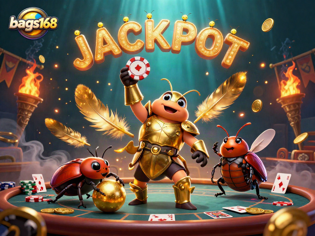 Bags168 promotes a thrilling poker scene featuring a beetle in gladiator armor lifting a chip.