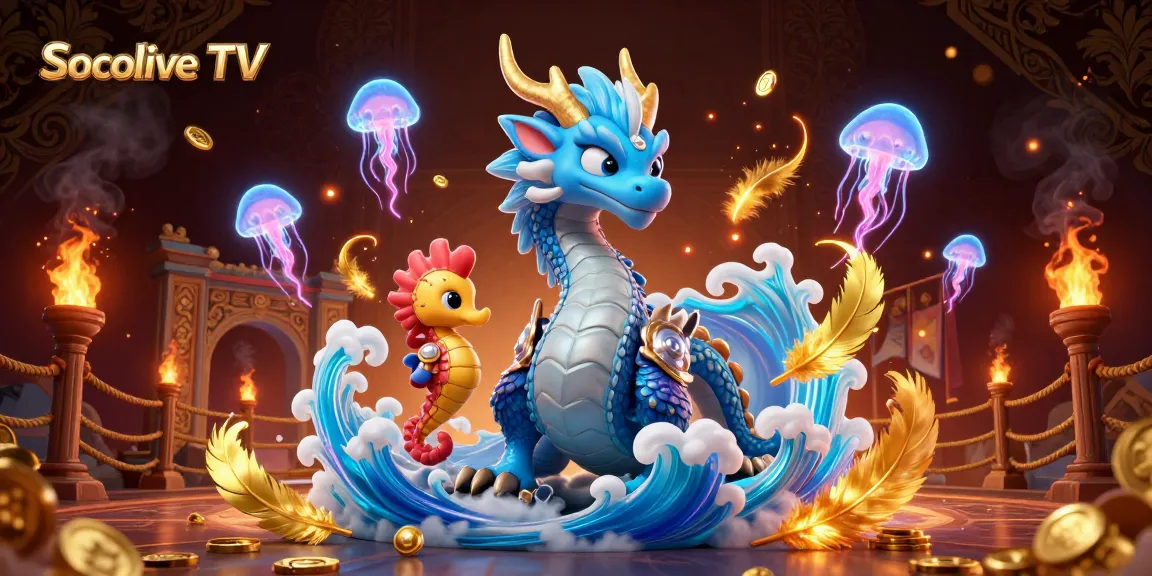 Socolive TV showcases a vibrant gambling scene with a 3D azure dragon and seahorse knight amidst gold coins and vivid jellyfish.