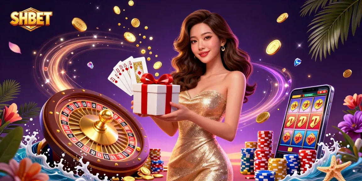 Engage with SHBET's vibrant casino scene featuring a welcoming model, golden coins, and dynamic game elements.