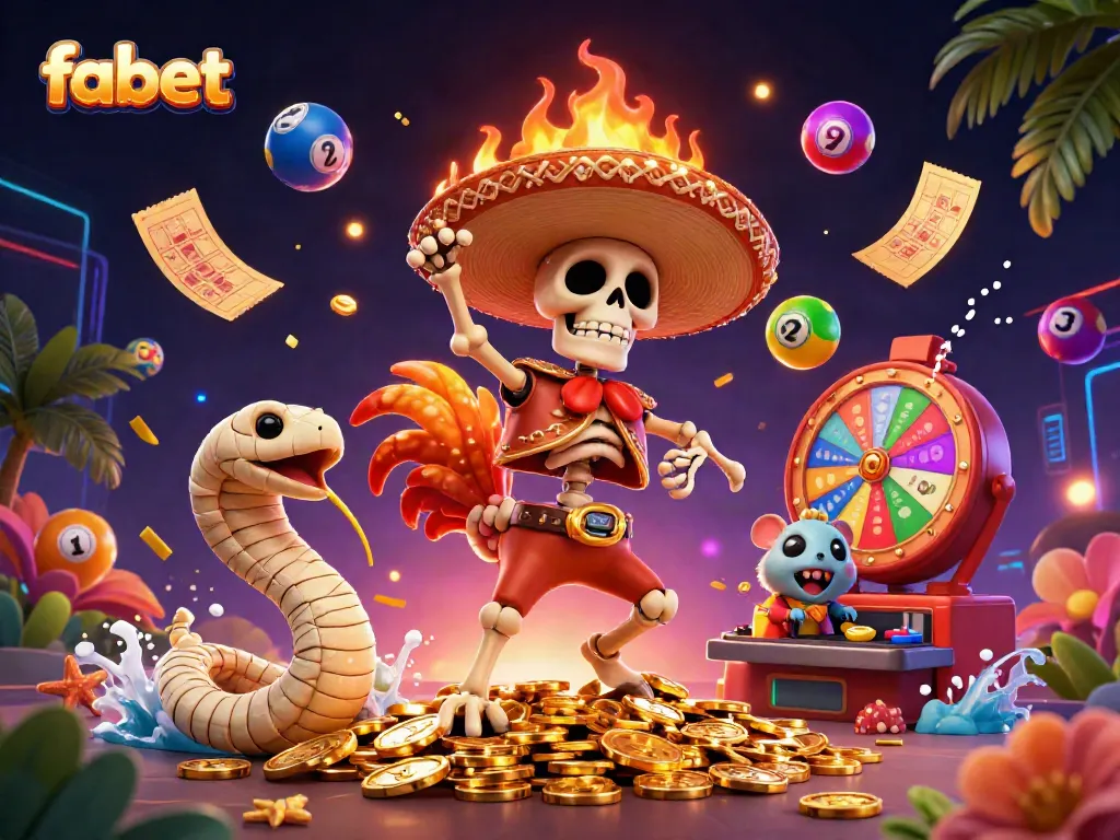 Engage in thrilling fabet experiences with a vibrant 3D casino illustration showcasing festive characters and dynamic game elements.